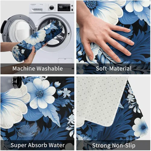 Vista 4 de Tapete para puerta delantera, tapete de bienvenida con estampado floral azul y blanco, absorbente, antideslizante, tapete de entrada suave, alfombra