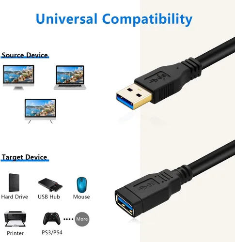 Vista 4 de Cable de extensión USB 3.0 de 1 pie tipo A, macho a hembra, cable extensor de transferencia de datos de 5 Gbps para teclado, ratón, unidad flash