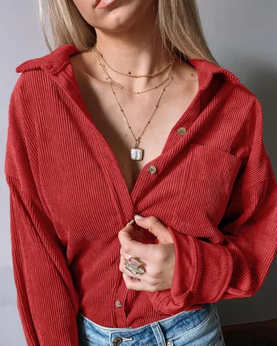 Vista 8 de Saslax Camisa de pana para mujer, de manga larga, con botones, cuello en V, holgada, chaqueta