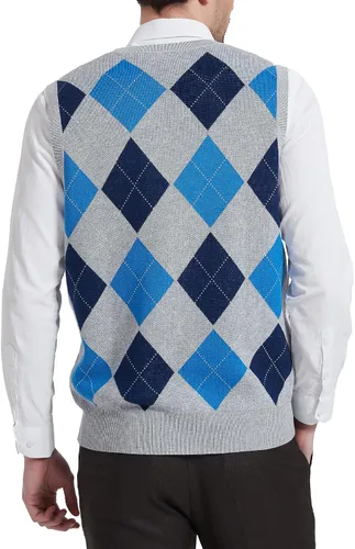 Vista 3 de Kallspin Suéter tipo chaleco con rombos para hombre, mezcla de lana, cuello en V, sin mangas