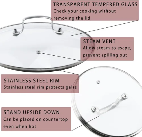 Vista 4 de Tapa de vidrio templado de 8 pulgadas con orificio de ventilación de vapor, olla universal transparente de repuesto con mango de soporte, borde