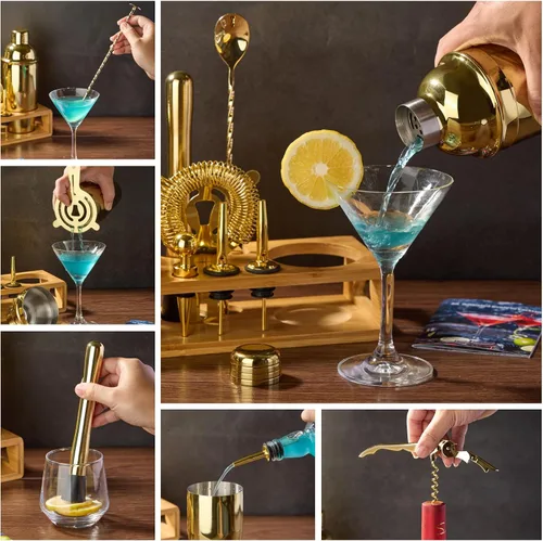Vista 4 de Set de coctelera para barman: juego de 12 piezas de herramientas de bar con soporte de bambú Juego de barras con todos los accesorios prácticos