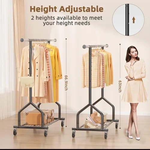 Vista 4 de EAGMAK Perchero de ropa resistente con capacidad de carga de 192 kg, perchero enrollable con estantes, colgador de ropa ajustable de metal