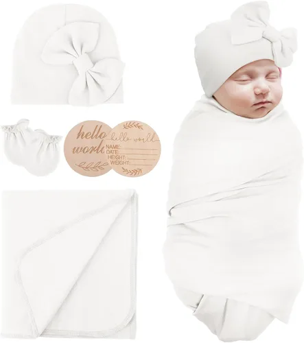 Vista 14 de AQOKKA Manta de Recepción para Recién Nacido con Gorro de Lazo Mitones Juego de Tarjetas de Madera para Recién Nacidos Niños Pequeños Bebé Niño Niña