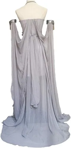 Vista 2 de Xfang - Vestido de gasa para mujer, disfraz de Halloween, vestido gris largo con cola