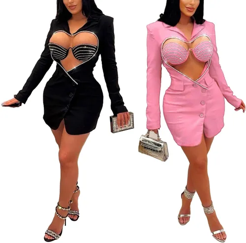 Vista 4 de PORRCEY - Vestido de noche sexy con manga larga y diamantes de imitación para mujer, fiestas y discotecas