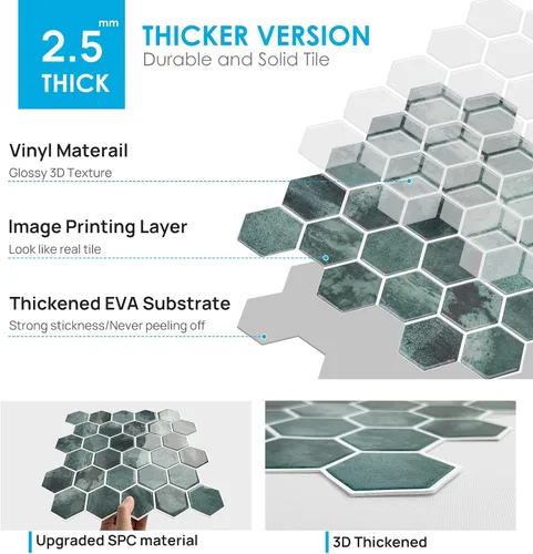Vista 6 de 10 hojas de azulejos hexagonales autoadhesivos para salpicadero de cocina, nuevo diseño premium extra grueso 3D, azulejos de pared autoadhesivos