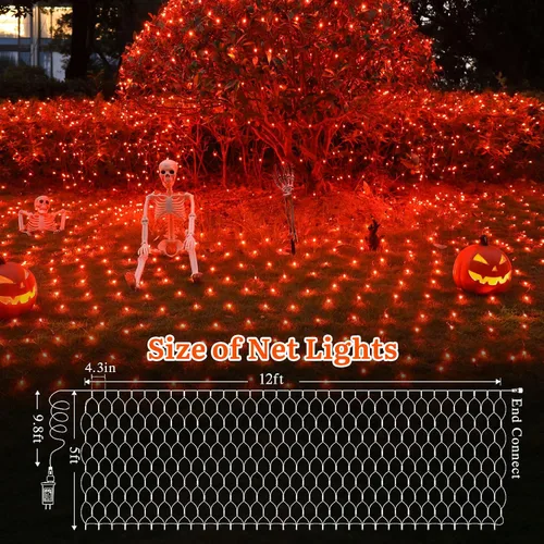Vista 2 de Red de luces naranjas de Halloween para exteriores, luces de malla
