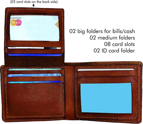 Vista 7 de Billetera vintage hecha a mano para hombre – Cuero auténtico plegable con grabado de mapa, regalo personalizable, Castaño, medio, Billetera plegable