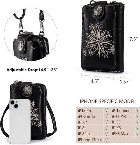 Vista 5 de Montana West Monederos pequeños cruzados para teléfono celular de estilo occidental para mujer, cartera con bolsillo para monedas