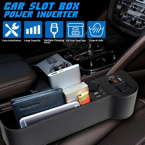 Vista 4 de Organizador de llenado de espacio para asiento de automóvil con inversor de corriente de protección múltiple de 12 V CC a 110 V CA, 4 USB de carga