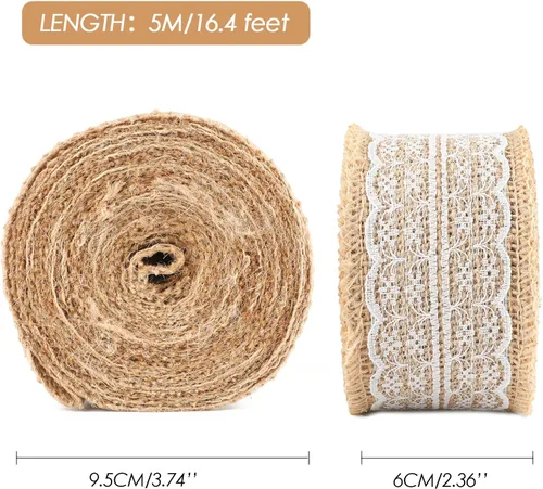 Vista 3 de jijAcraft Rollo de cinta de arpillera de yute natural, 2.4 pulgadas x 5.5 yardas, cinta de arpillera de encaje blanco rústico para manualidades