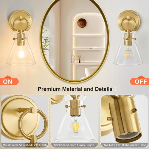 Vista 3 de Aplique de Pared Dorado de 1 Luz Cableado Montaje en Pared Estilo Moderno Rústico Accesorios de Luz de Tocador con Pantalla de Vidrio Transparente