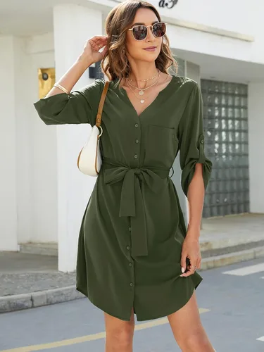 Vista 3 de BMJL Vestido de verano con botones para mujer cuello en V manga 34 lazo en la cintura negocios casual trabajo mini vestido camisero