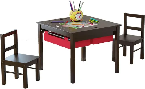 Vista 8 de UTEX - Juego de mesa de construcción para niños 2 en 1 de madera con dos sillas y cajones de almacenamiento, y placa empotrada compatible