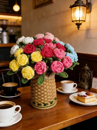 Vista 2 de THREEBOY Ramo de flores artificiales de ganchillo de rosas rojas con florero de punto para el Día de la Madre, San Valentín, decoración