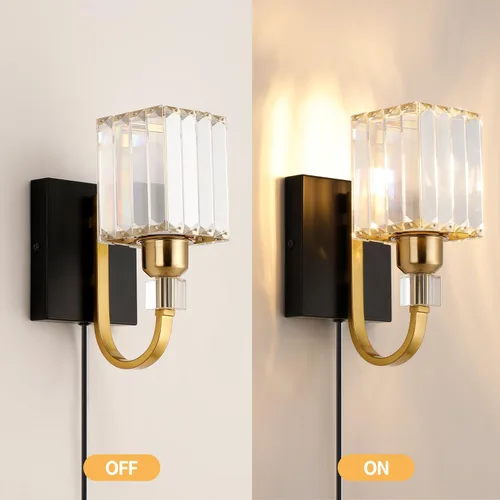 Vista 7 de Aplique de pared moderno de cristal con enchufe, lámpara de pared montada en negro dorado, lámpara de tocador enchufable con interruptor