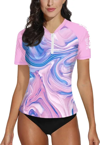 Vista 42 de BesserBay Camiseta de natación de manga corta con cremallera UPF 50+ para mujer, de secado rápido