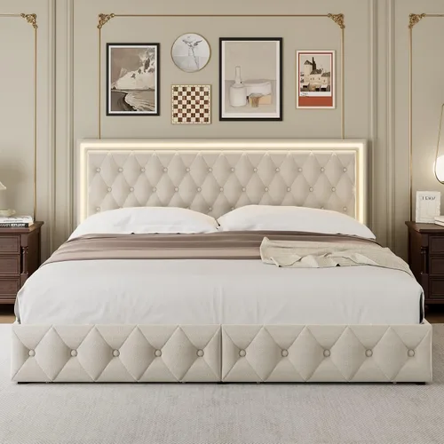 Vista 3 de Keyluv - Base de cama tapizada completa con LED, con 4 cajones, cama de plataforma de terciopelo con cabecera ajustable tapizada con botones