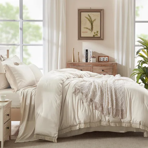 Vista 6 de Andency Juego de ropa de cama con edredón tamaño matrimonial beige con sábanas - 7 piezas, estilo bohemio con borlas, ropa de cama ligera en una 01