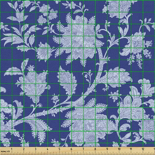 Vista 2 de Ambesonne The Yard - Tela floral clásica de Oriente Medio y estampado de cachemira, diseño nostálgico otomano, tela decorativa para tapicería y Azul