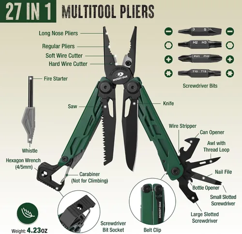 Vista 2 de MOSSY OAK Alicates Multiherramienta Mecanizados por CNC, Herramienta Múltiple 27-en-1 con Cuchillo de Bolsillo, Iniciador de Fuego y Silbato