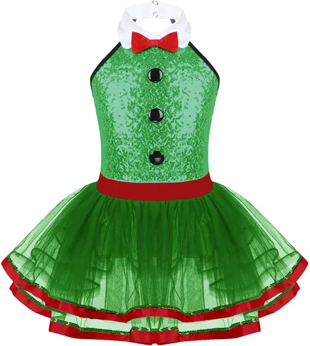 Vista 10 de Moily Leotardo de lentejuelas con cuello halter para niñas, faldas tutú, ballet, moderno, jazz, baile latino, vestido de escenario Negro&blanco