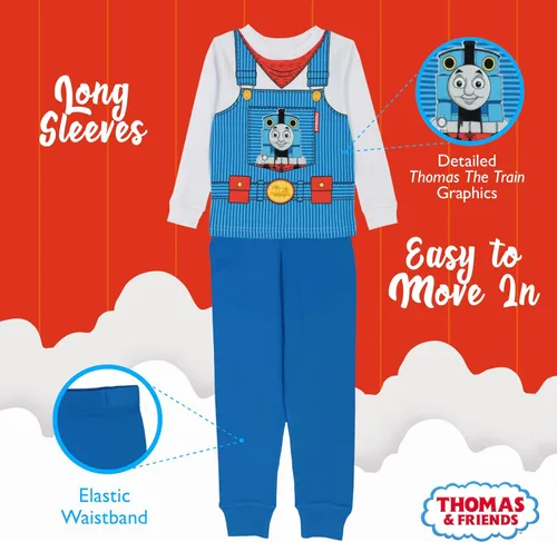 Vista 4 de Thomas the Train Conjunto de pijama de algodón ajustado de 4 piezas para niños, tren rápido, talla 4T, Tren Rápido