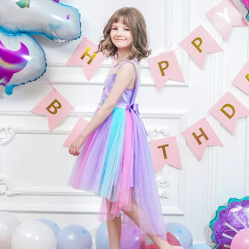 Vista 5 de Sunny Fashion Vestido de Unicornio para Niñas con Flores, Desfile de Princesa Arcoíris, Vestido de Fiesta Arco iris púrpura