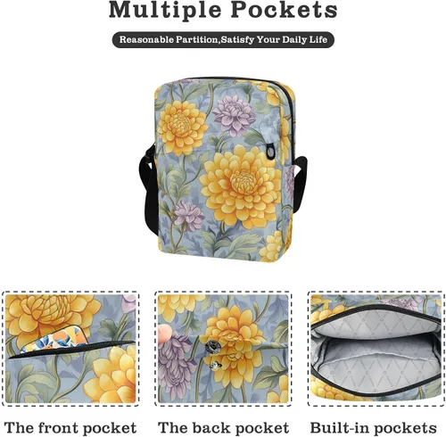 Vista 2 de Vintage Dahlia Flower Yellow Purple messenger bag cute green crossbody bags for women Casual Purse Lady Shoulder Handbags Adjustable Strap for
