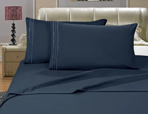 Vista 2 de Elegance Linen Sin arrugas, juego de sábanas de 4 piezas de 4 piezas de tejido suave y sedoso de 1500 hilos, tamaño Queen, color azul marino sólido
