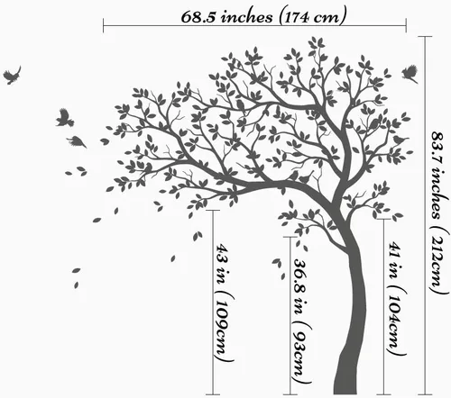 Vista 2 de Calcomanías de pared para árbol grande, calcomanías de árbol inclinado con pájaros, mural de vinilo decorativo KW032