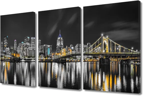 Vista 56 de TUMOVO 3 paneles de paisaje urbano en blanco y negro de Estados Unidos, arte de pared, famoso puente Golden Gate, San Francisco por la noche