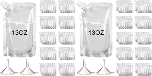 Vista 13 de 100 bolsas de plástico reutilizables a granel, bolsas de plástico transparente a prueba de fugas para jugos con embudo para suministros de fiesta