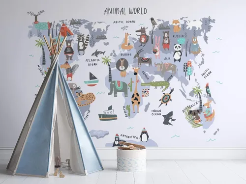 Vista 2 de Murwall Kids Wallpaper World Map Wall Mural Map Wallpaper Cartoon Animals Wall Mural Kids Room Nursery