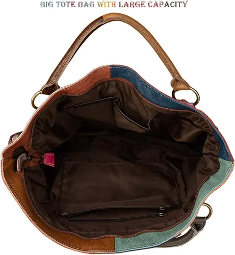 Vista 3 de Bolso de mano de cuero genuino para mujer multicolor con retazos huecos bolsos de mano