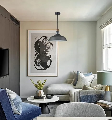 Vista 7 de CLAXY - Lámpara colgante negra para granja, barra colgante de granero Dimmable E26 Indoor Kitchen Hanging Pendant Light Fixture-15.3" Diameter