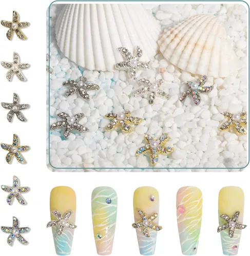Vista 2 de 30 dijes de uñas de estrella de mar de aleación 3D, diamantes de imitación de uñas de 6 colores AB brillantes cristales diamantes, joyería de uñas