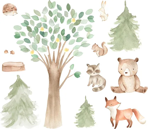 Vista 5 de InnovativeStencils Vinilo decorativo para pared de acuarela de bosque, pino y roble, criaturas animales – oso, zorro, mapache, conejo, ardilla