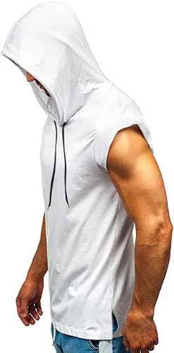 Vista 2 de Camiseta sin mangas para hombre, con capucha, para culturismo, corte muscular, sin mangas, para entrenamiento, gimnasio, entrenamiento