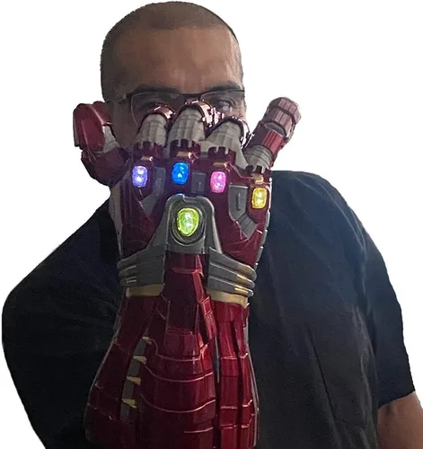Vista 7 de Guante de fantasía rojo con luz LED Infinity Stones Puño articulado hecho de metal, pesado. Diseñado para cosplay, disfraces y exhibiciones