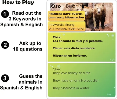 Vista 3 de 1step2dream Juegos de cartas de adivinanzas de animales españoles para niños Divertidas actividades educativas familiares Relleno de calcetines