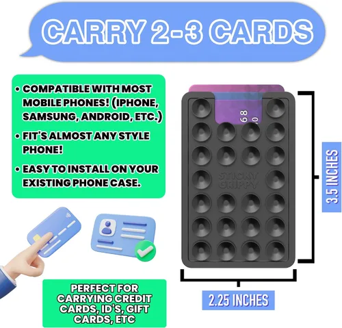 Vista 4 de StickyGrippy Soporte de Tarjetas con Ventosa, Cartera para Teléfono, Accesorio Adhesivo de Silicona para iPhone y Android, Soporte de Ducha con Negro