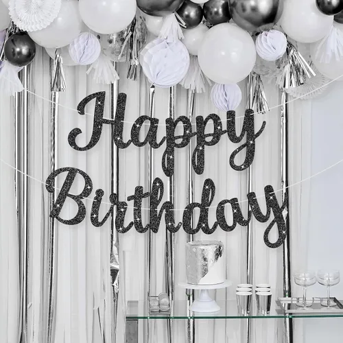 Vista 4 de Letrero de Pancarta de Feliz Cumpleaños Negro con Purpurina, Guirnalda de Cumpleaños Pancartas de Pared y Puerta Bandera para Mujeres Hombres Niños