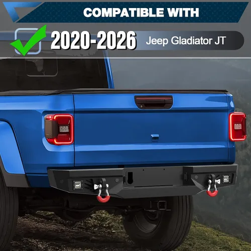 Vista 7 de Parachoques Trasero Gladiator, Parachoques Negro Texturizado con Luces LED y Agujeros para Sensores y Anillos en D, Compatible con Gladiator JT 2020