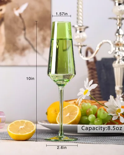 Vista 4 de comfit Juego de 6 copas de champán de colores, vasos de cristal soplados a mano grandes de 8.5 onzas, vasos de colores sin plomo, cristalería