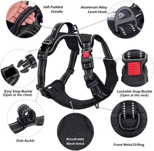 Vista 3 de Adjustable Reflective Nylon Dog Harness Vest No Pull Soft & Air-Permeable Pet Harness for Small & Large Dogs(Black,S)
