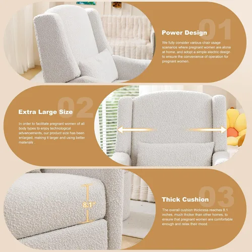 Vista 7 de Juego de 2 mecedoras eléctricas para guardería, tela de peluche agradable a la piel, silla reclinable giratoria dorada, silla de lactancia eléctrica