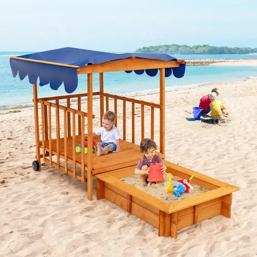 Vista 7 de HONEY JOY Caja de arena 3 en 1 para niños con casa de juegos y toldo, madera de cedro sin fondo para patio trasero con ruedas, barandillas