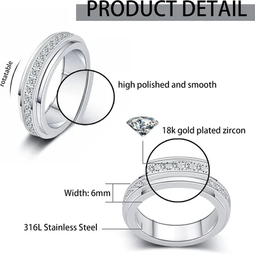 Vista 5 de TOSGMY Titanium Stainless Steel Spinner Rings Cubic Zirconia Stones Anxiety Rings Fidget Band Rings for Women Men Relieving Anxiety Wedding Promise